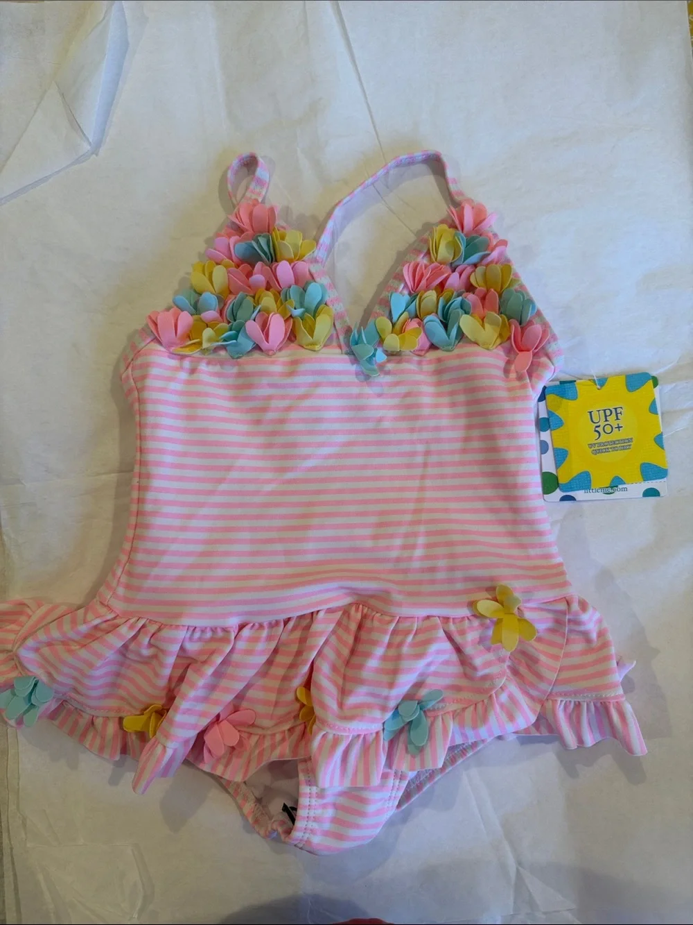 Kids Pink Stripe Floral Applique One-Piece Swimsuit - UPF 50+